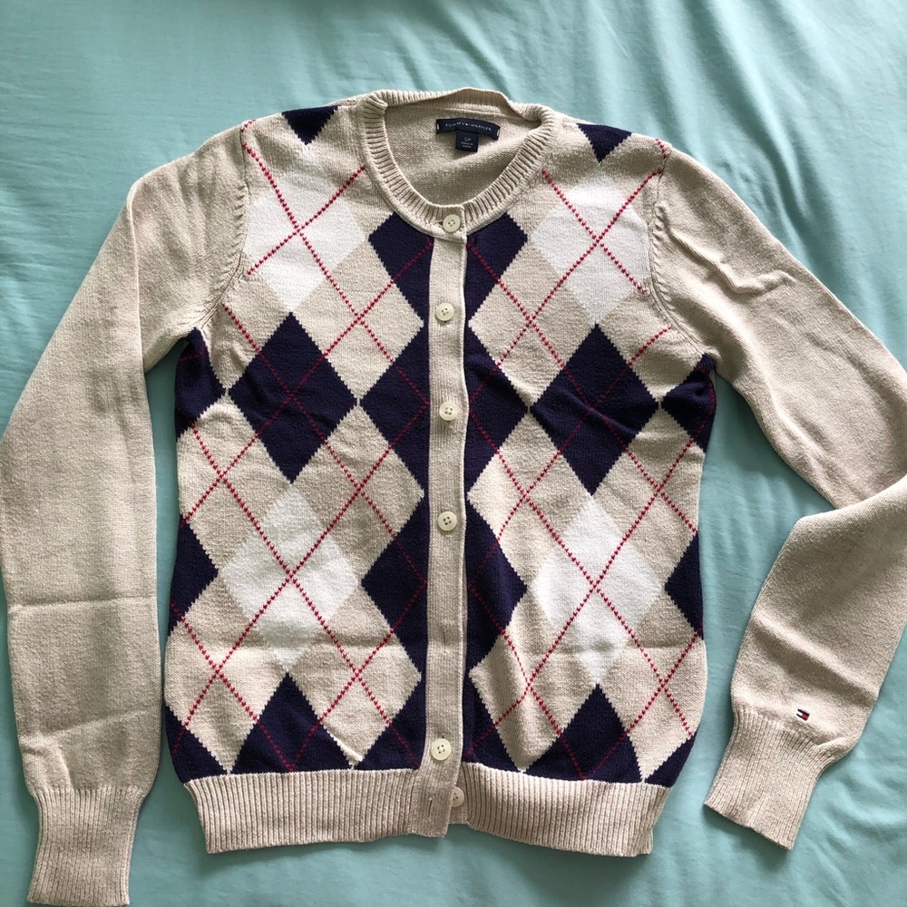Tommy Hilfiger khaki, navy and red plaid cardigan